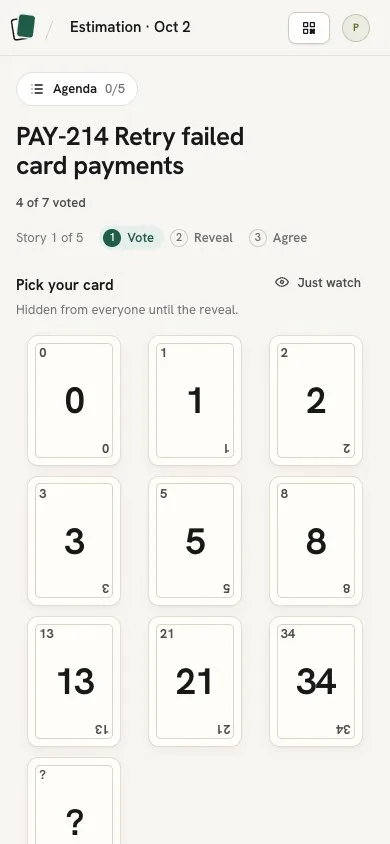 A participant's phone showing the current story and a pad of cards to vote with